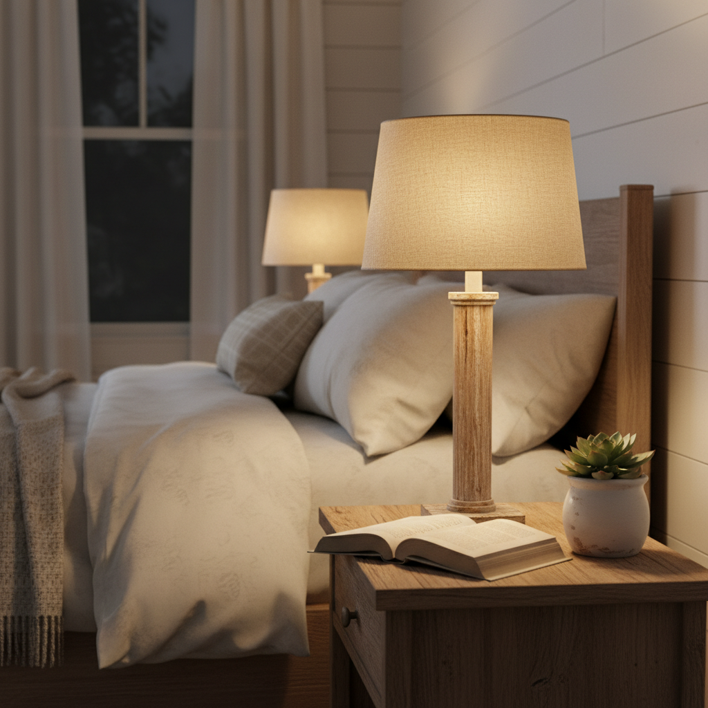 Farmhouse Wooden Bedside Lamp glowing at night