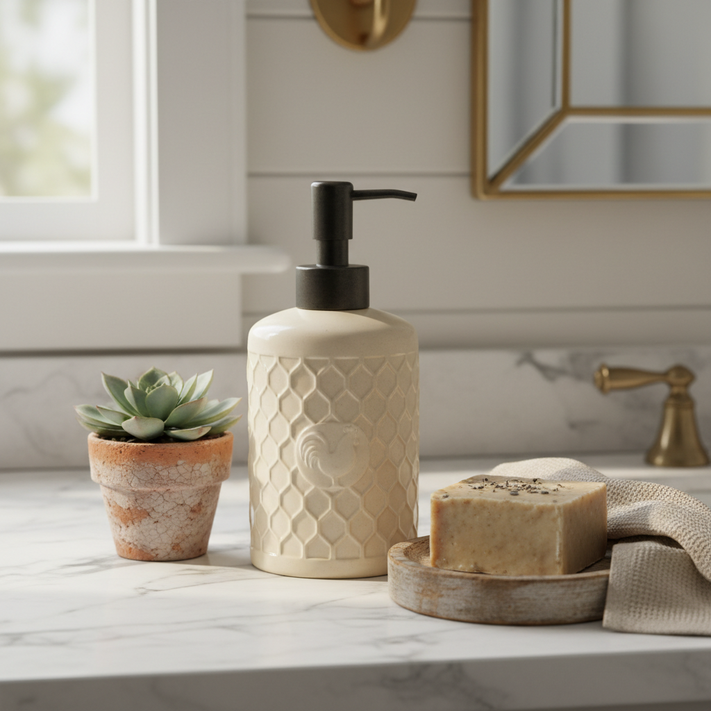 Farmhouse ceramic soap dispenser styled on bathroom countertop