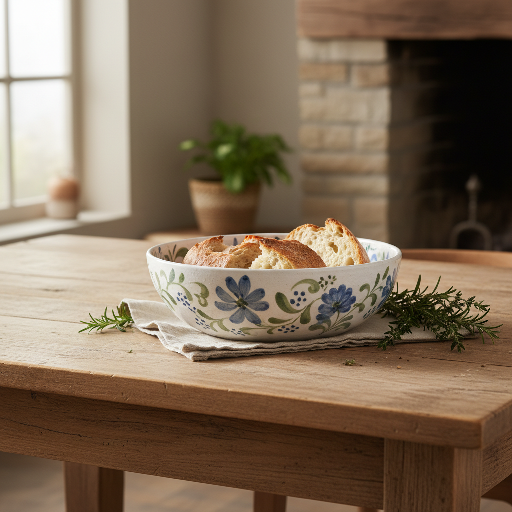 Farmhouse ceramic serving bowl on wooden dining table