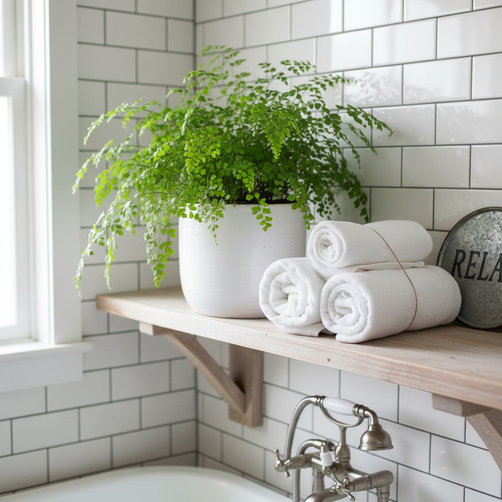 Farmhouse white ceramic planter on bathroom shelf