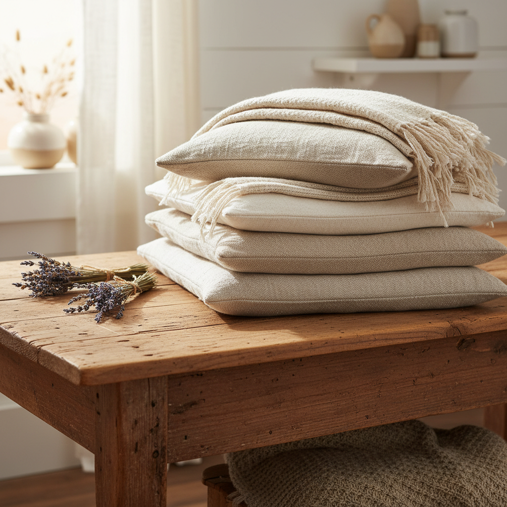 Farmhouse Linen Pillow Covers folded on rustic surface
