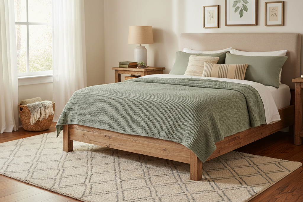 Farmhouse Cotton Waffle Blanket in sage green