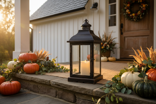 Farmhouse Candle Lantern on front porch with golden hour light