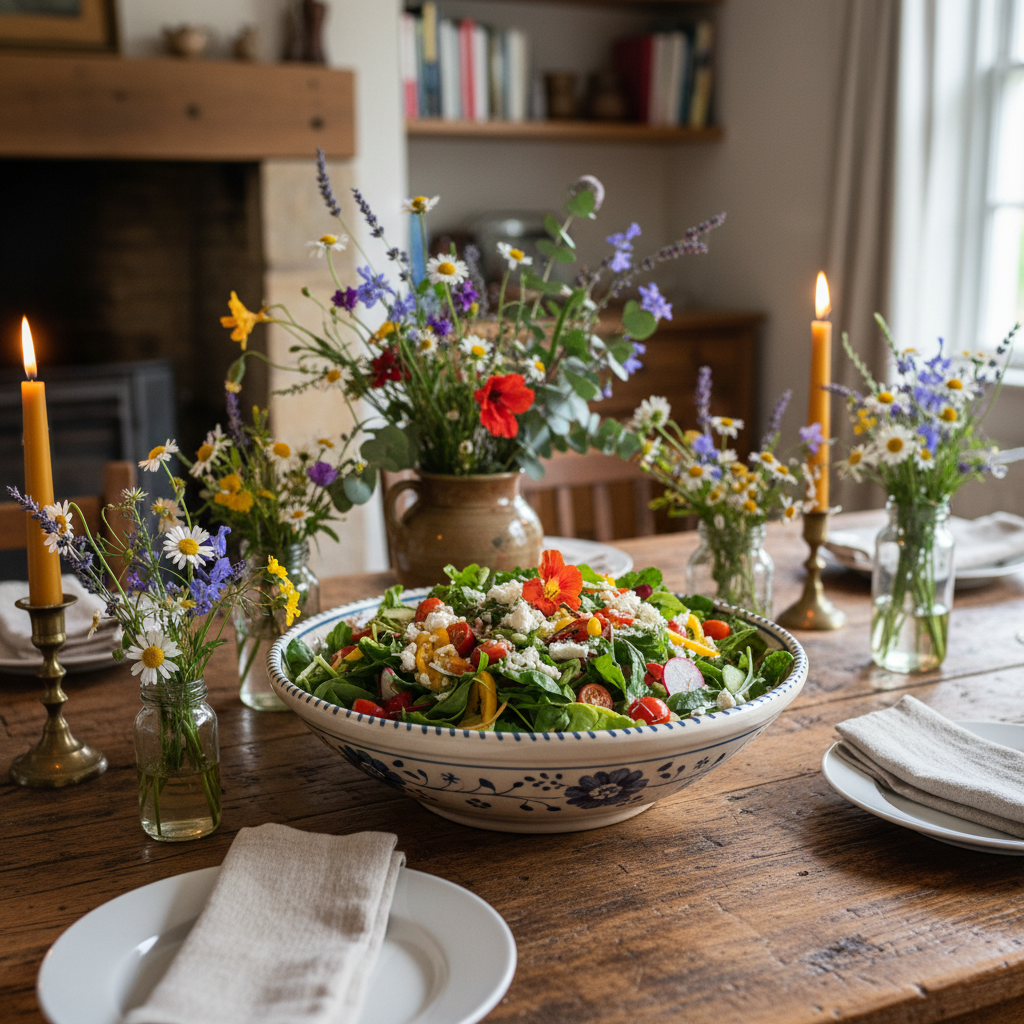 Farmhouse ceramic serving bowl filled with fresh salad