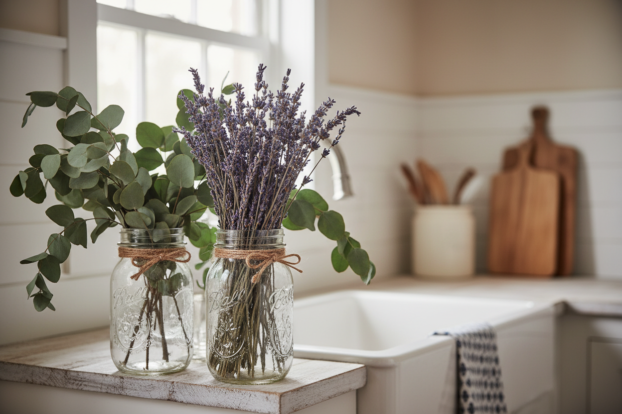 Farmhouse Mason Jar Vase Set with dried lavender on shelf