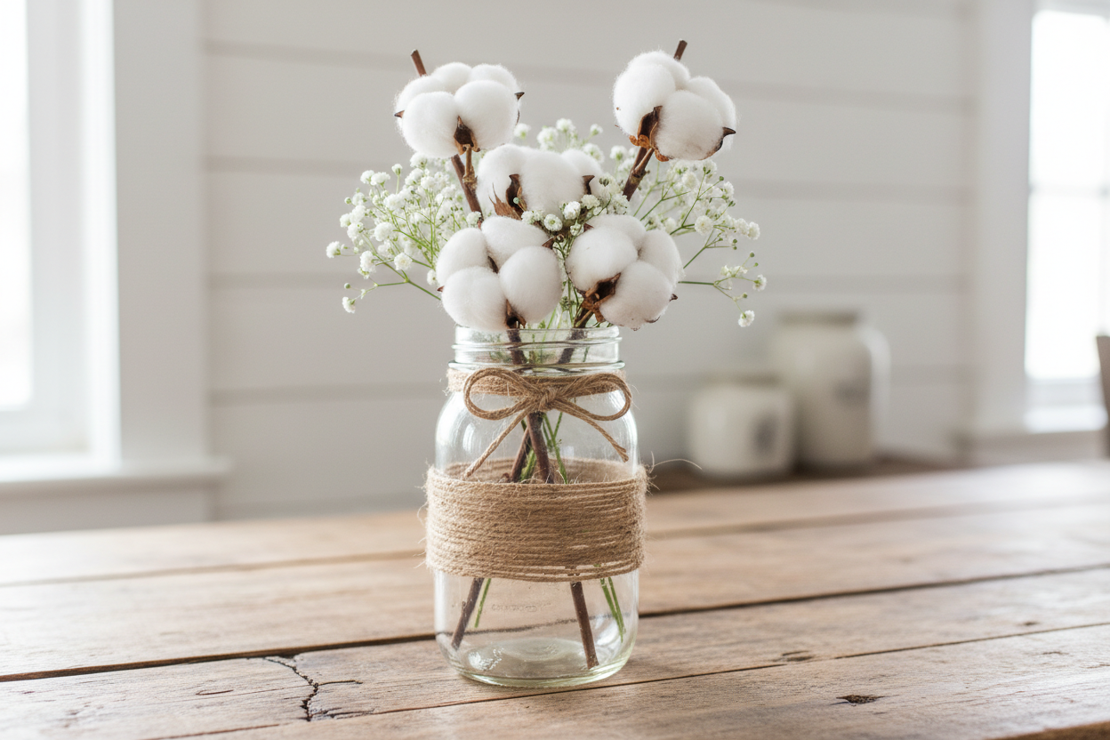 Farmhouse Mason Jar Vase close up with twine and cotton stems