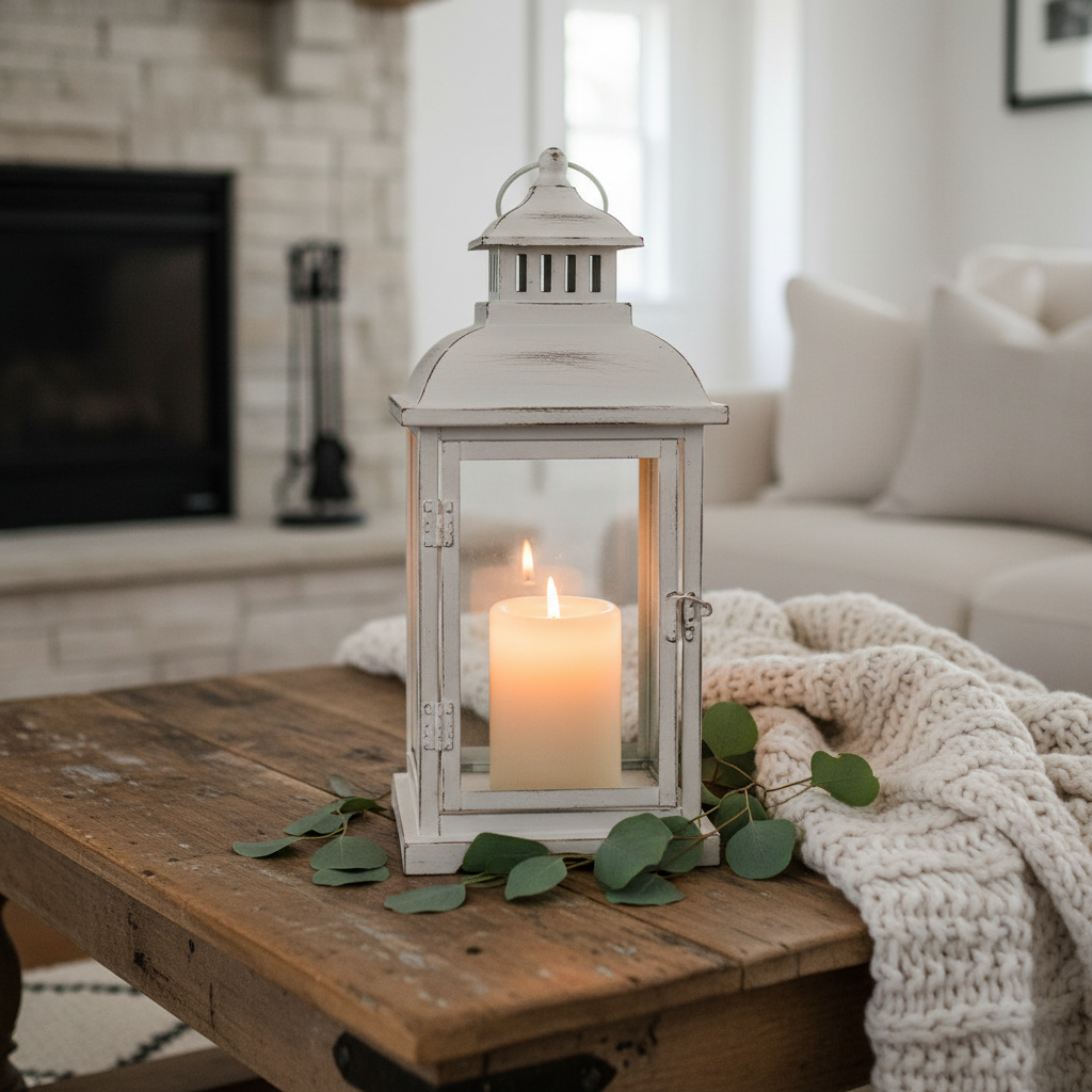 Farmhouse lantern candle holder on coffee table