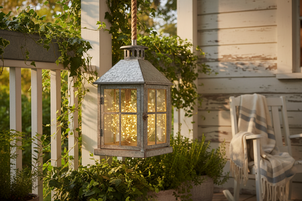 Galvanized Metal Lantern with fairy lights