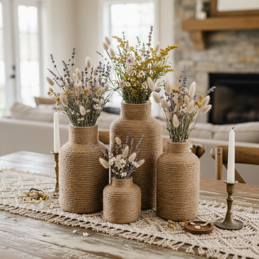 Farmhouse Rope Wrapped Vase set of three on dining table