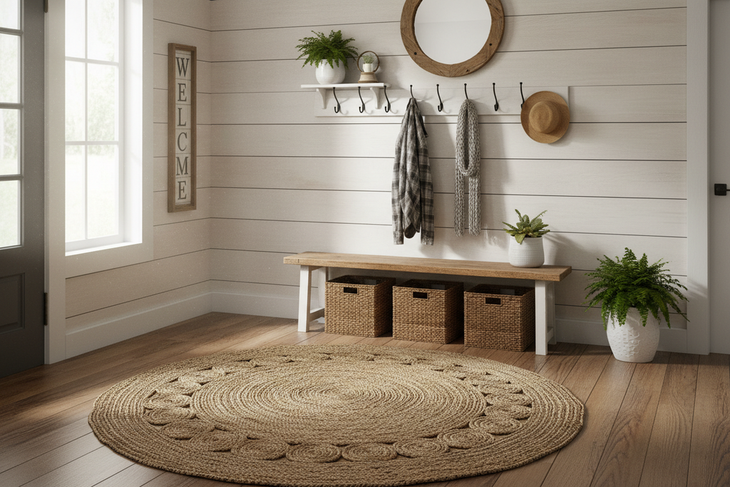 Farmhouse woven jute rug in entryway