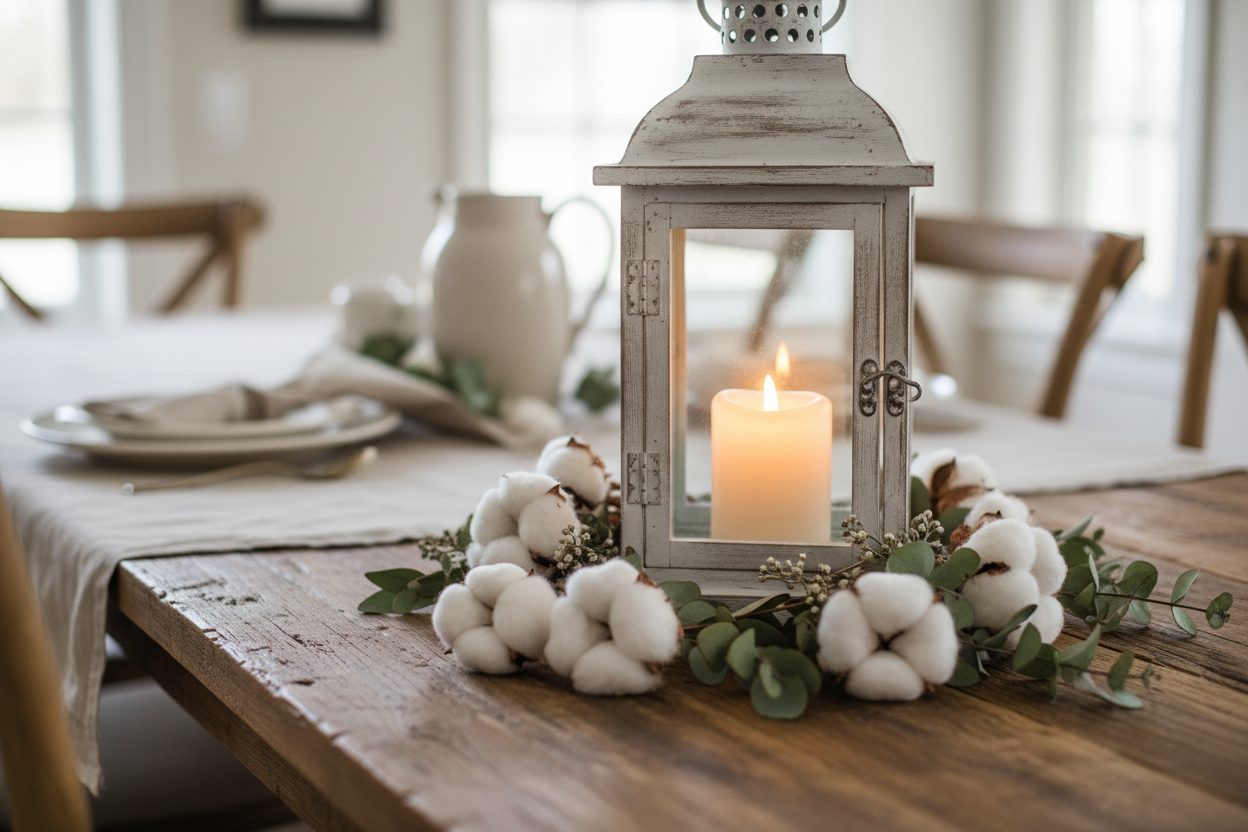 Farmhouse Candle Lantern close up on dining table with cotton stems