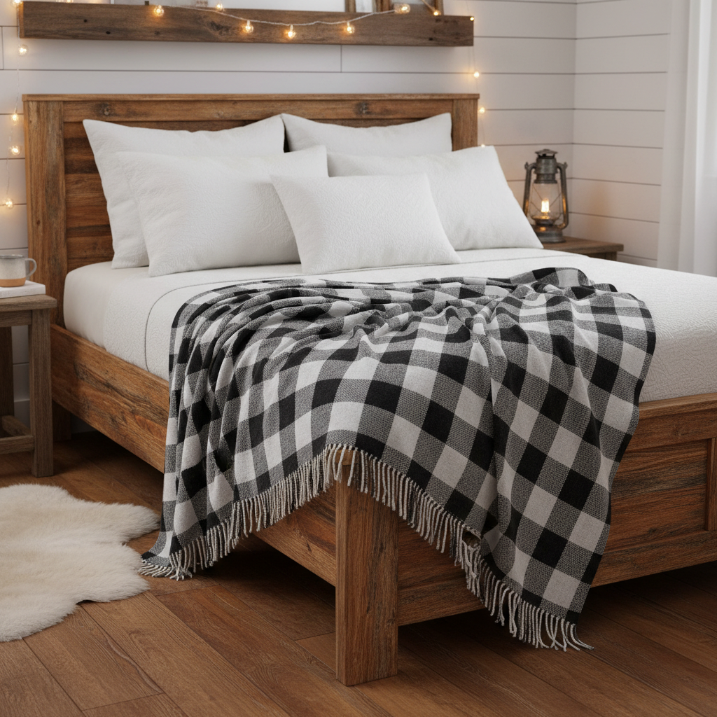 Farmhouse buffalo check plaid throw blanket on bed