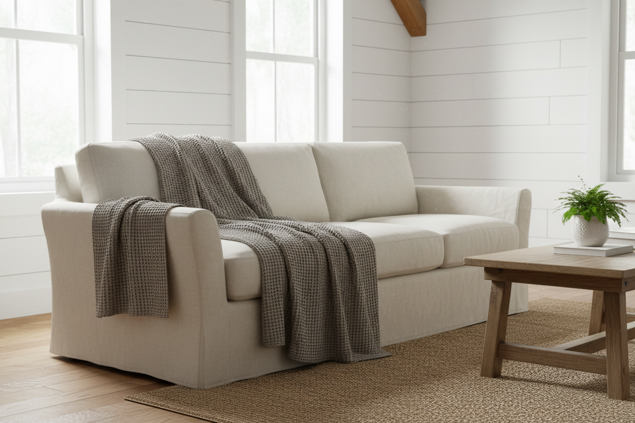 Farmhouse Cotton Waffle Blanket in warm grey