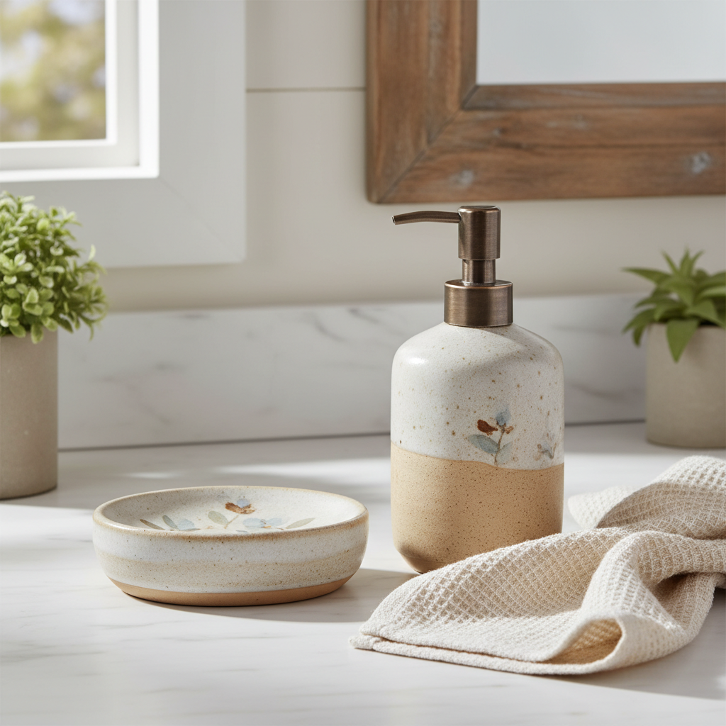 Farmhouse ceramic soap dish styled on countertop