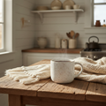 Farmhouse speckled ceramic coffee mug on wooden table