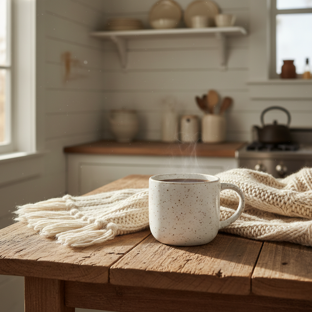 Farmhouse speckled ceramic coffee mug on wooden table