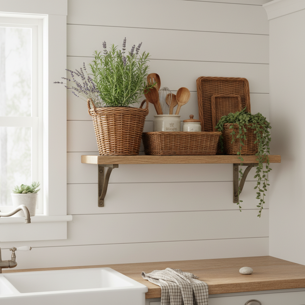 Farmhouse nesting wicker basket set on wooden shelf