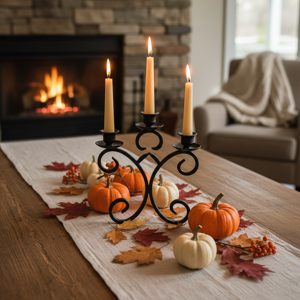 Farmhouse wrought iron taper candle holder fall table setting