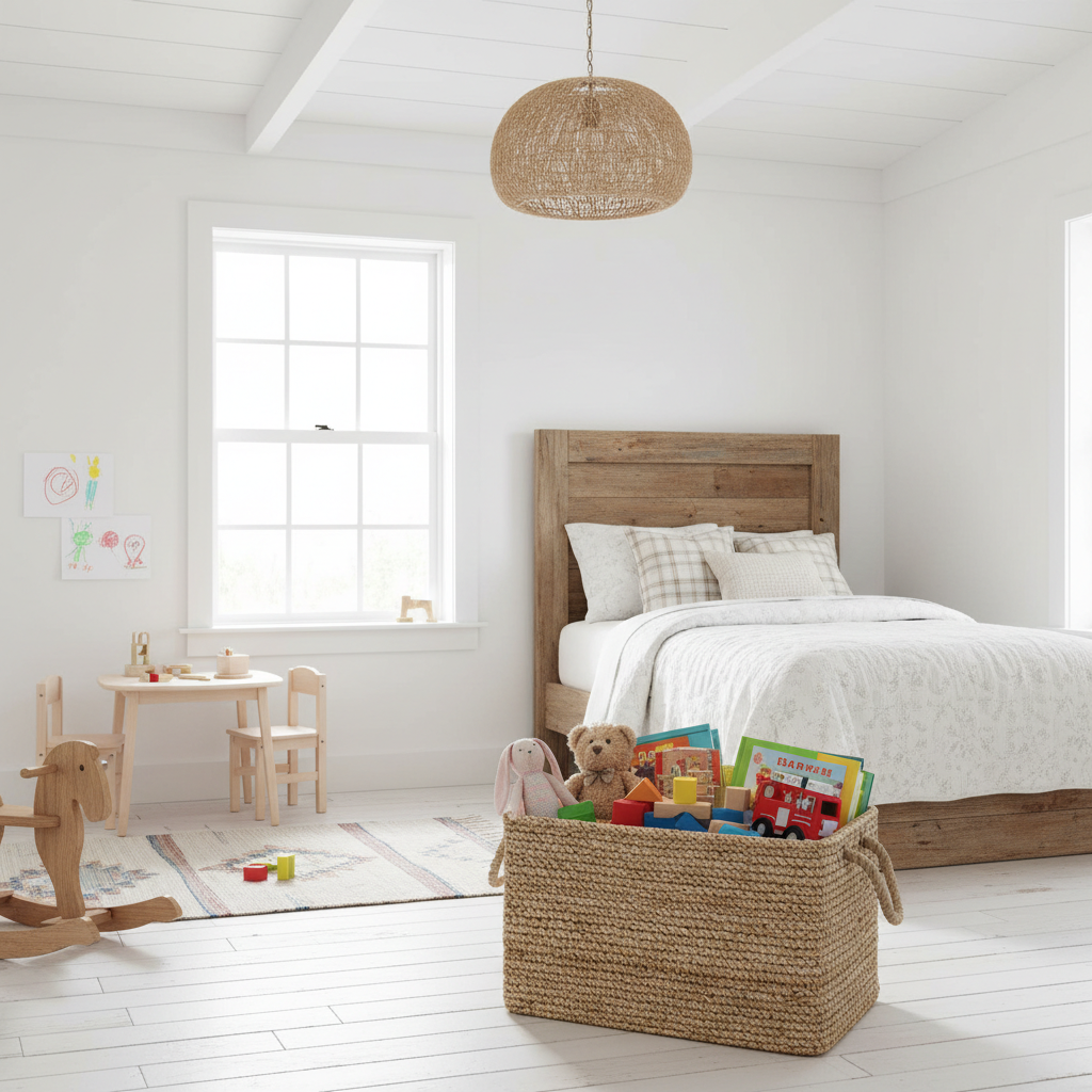 Farmhouse rectangular jute storage bin in kids bedroom