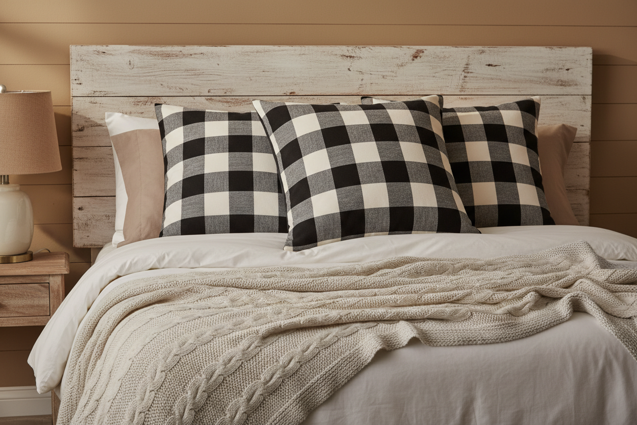 Farmhouse Buffalo Check Pillow Shams stacked on shiplap headboard