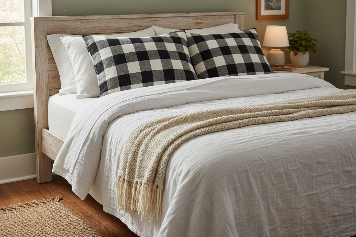 Farmhouse Buffalo Check Pillow Shams on bed