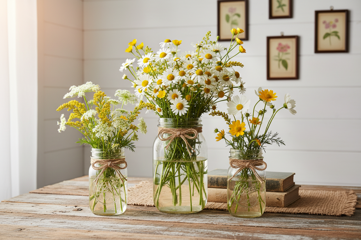 Farmhouse Mason Jar Vase Set with wildflowers