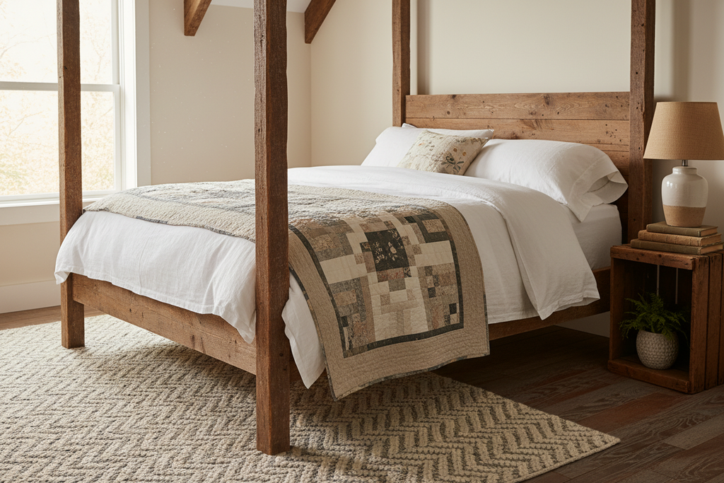 Farmhouse Quilted Bed Runner on rustic bed