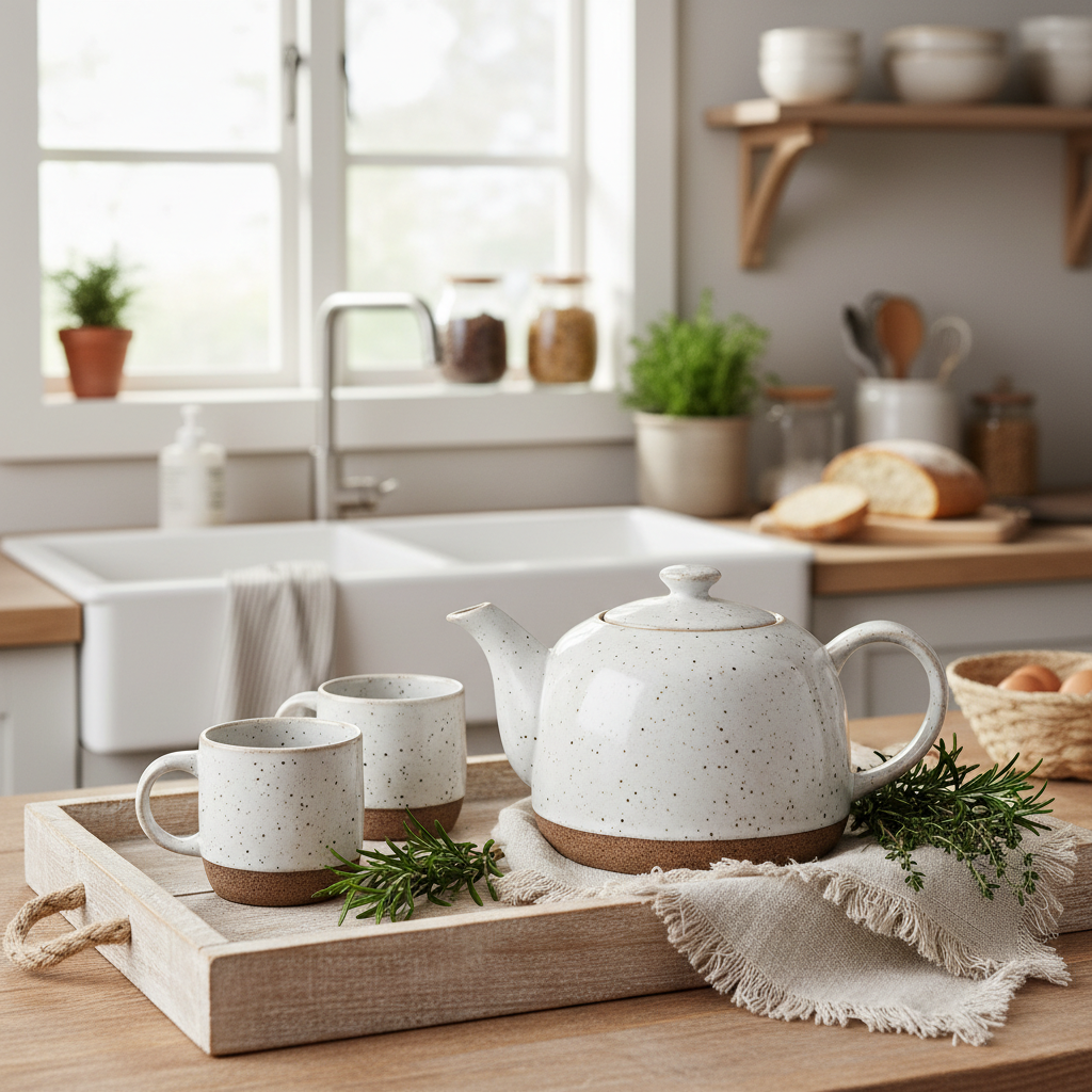 Farmhouse ceramic teapot on wooden tray with herbs