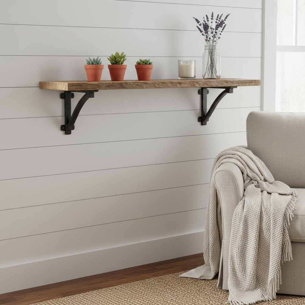 Farmhouse Wooden Shelf with Brackets on shiplap wall