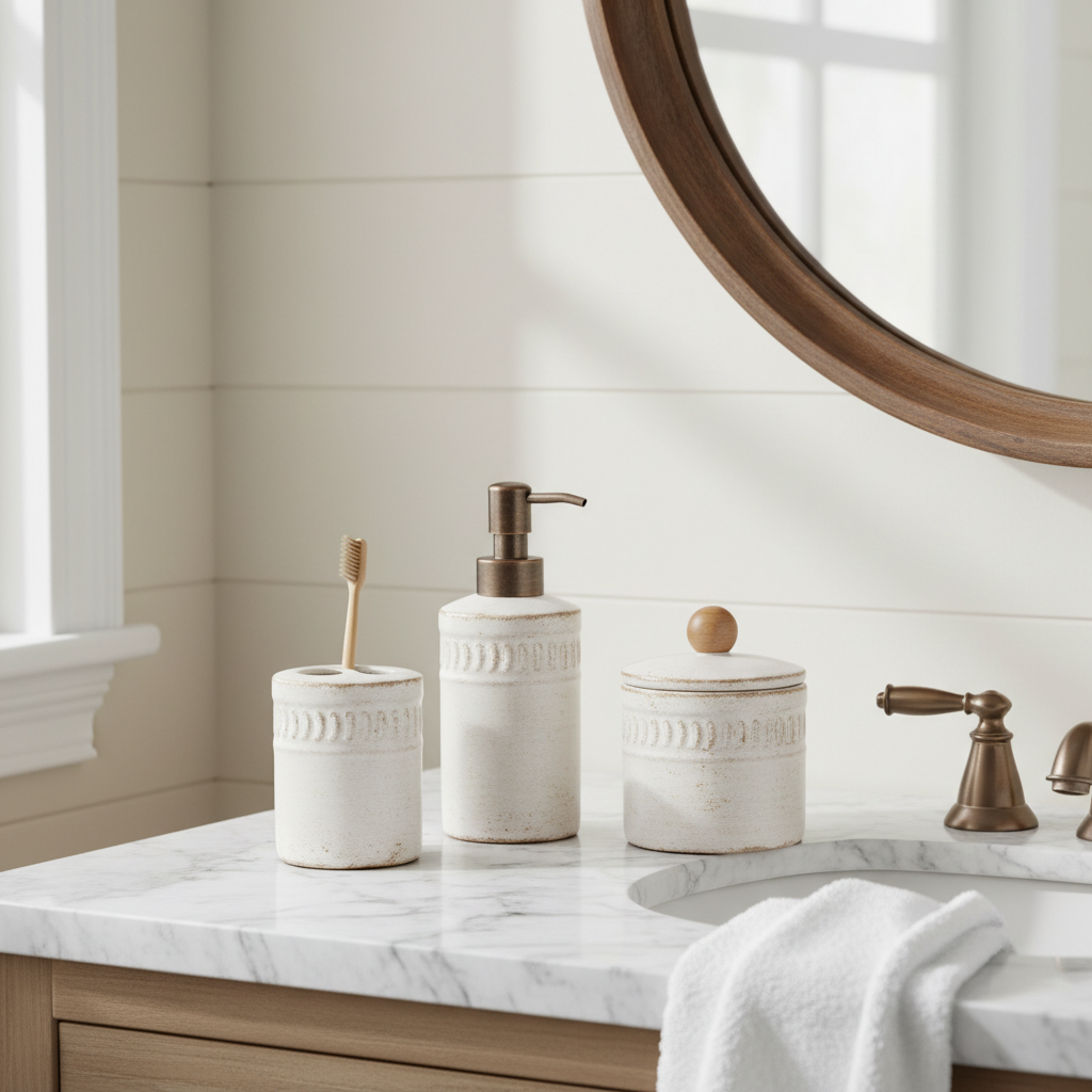 Farmhouse ceramic toothbrush holder on bathroom vanity