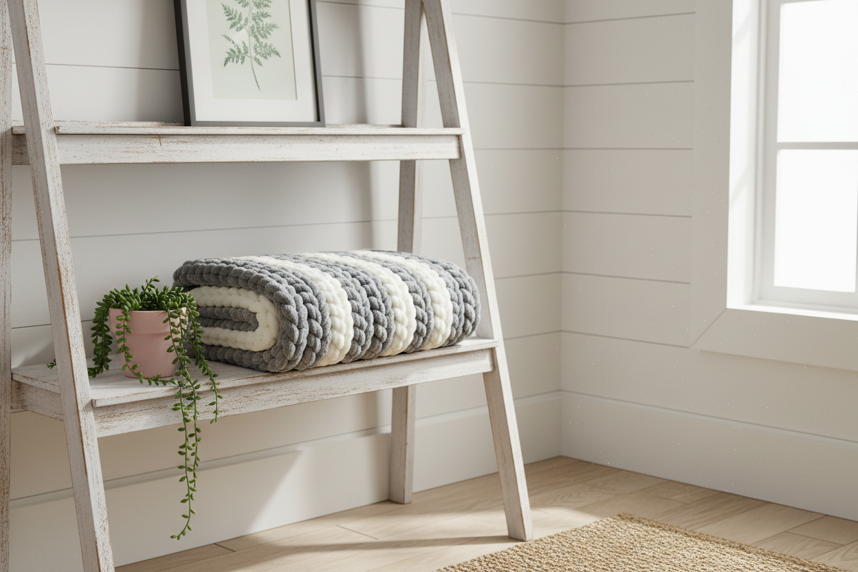 Farmhouse Knit Throw Blanket folded on ladder shelf