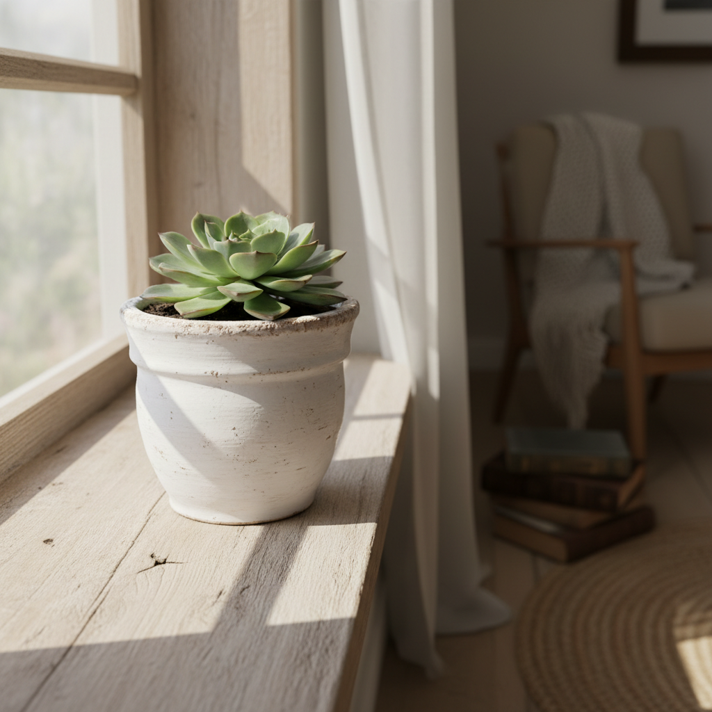 Farmhouse white ceramic planter with succulent on windowsill