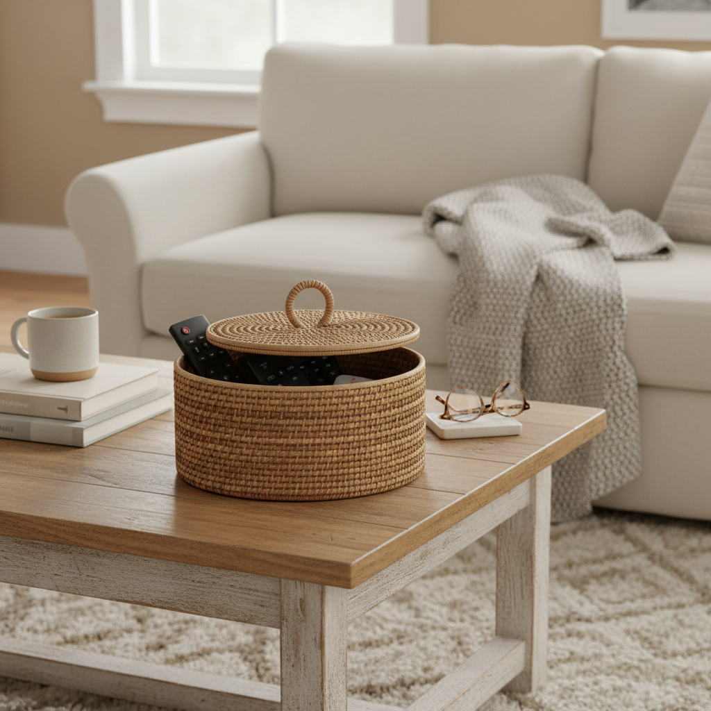 Farmhouse woven rattan storage bin on coffee table