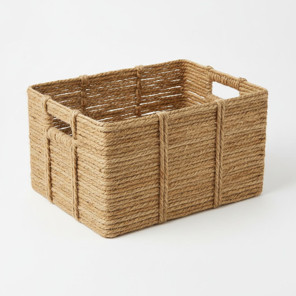 Farmhouse rectangular jute storage bin product shot
