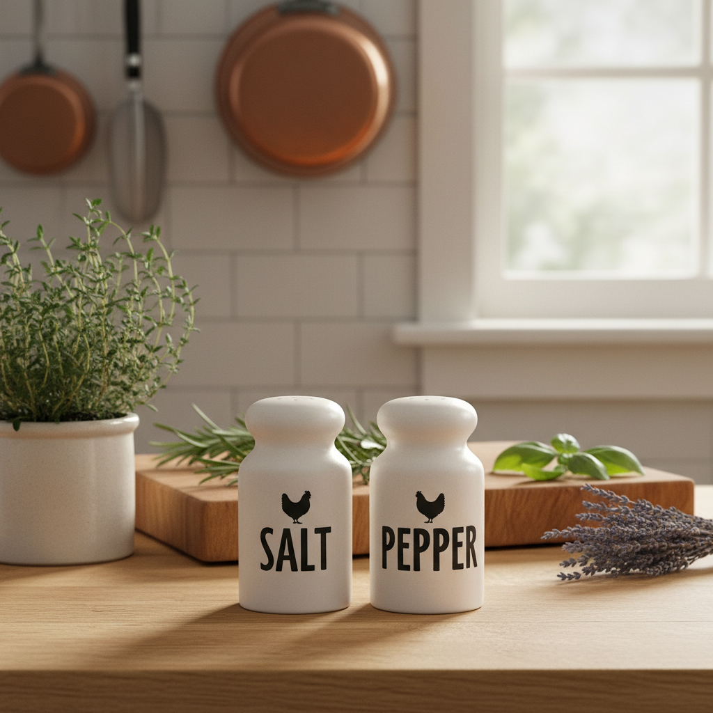 Farmhouse ceramic salt and pepper shaker set on kitchen counter