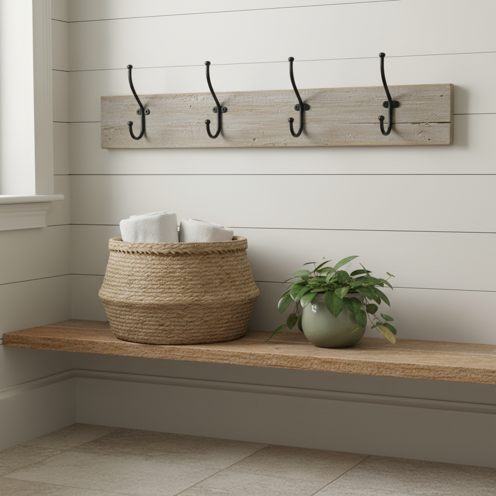 Set of farmhouse rustic towel hooks on reclaimed wood