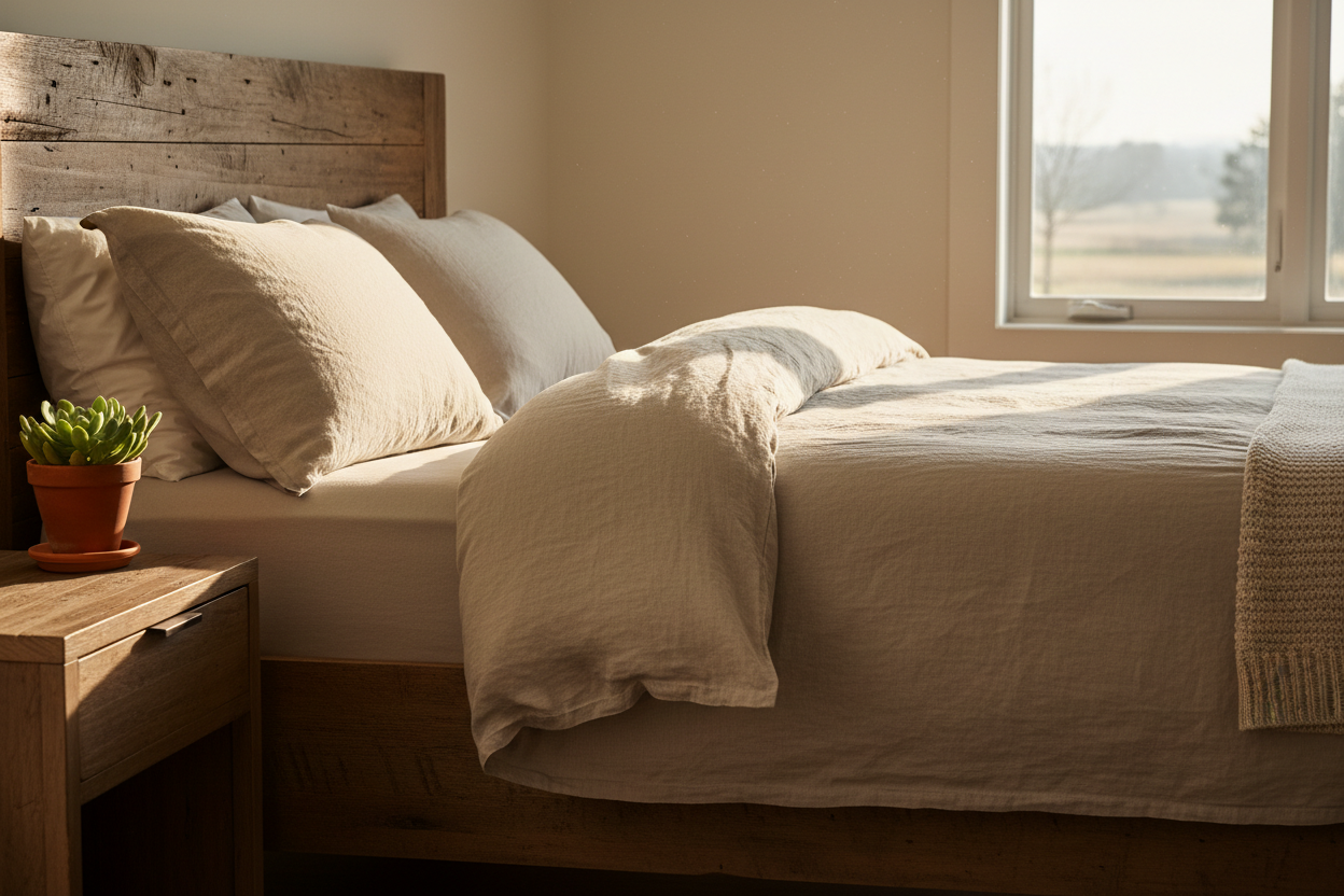 Farmhouse Linen Duvet Cover close up on rustic bed