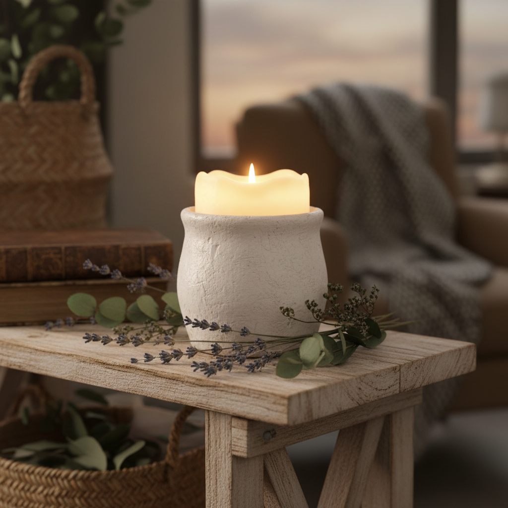 Farmhouse ceramic pillar candle holder on wooden shelf