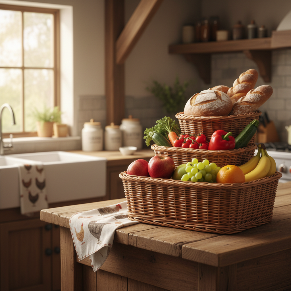 Farmhouse nesting wicker baskets on kitchen counter