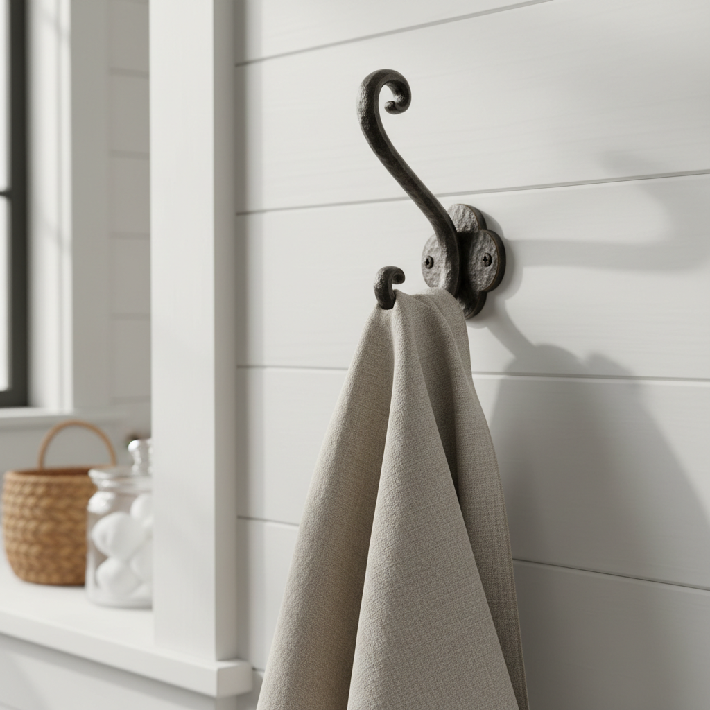 Farmhouse rustic towel hook on shiplap wall