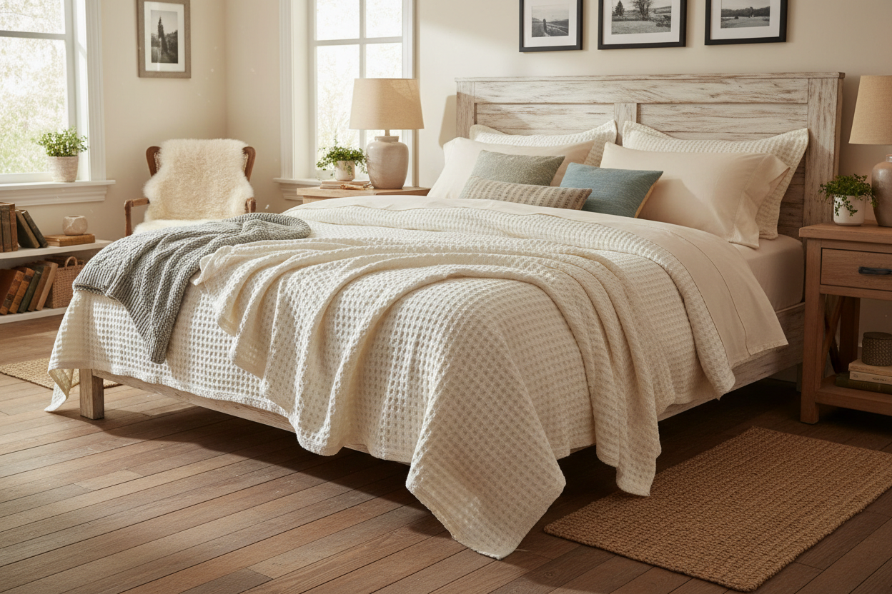 Farmhouse Cotton Waffle Blanket in cream white