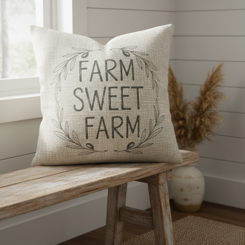 Farmhouse decorative pillow on rustic bench