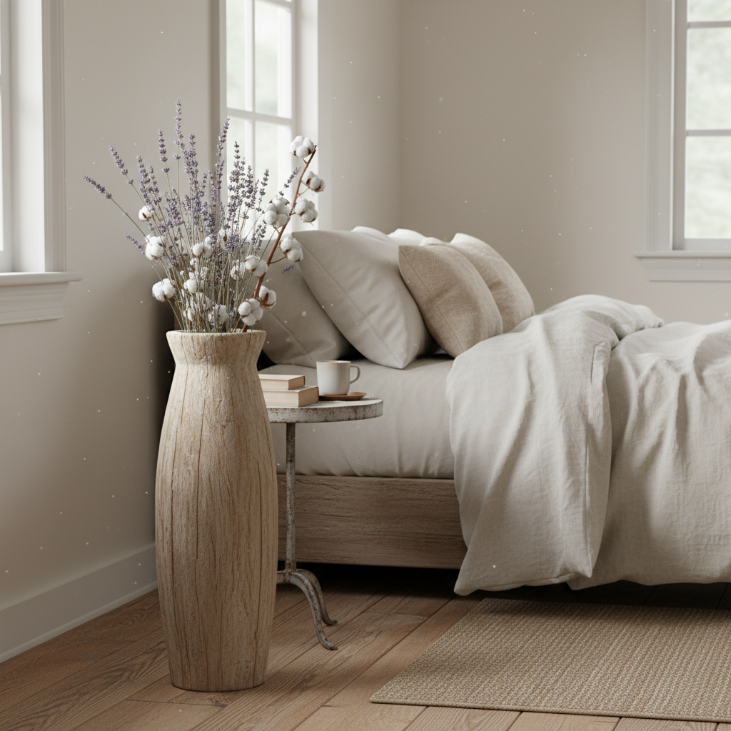 Farmhouse tall wooden vase with dried lavender in bedroom