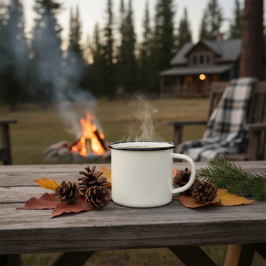 Farmhouse enamel camping mug on rustic wooden surface