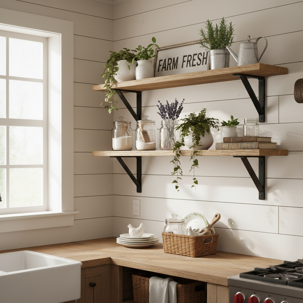 Farmhouse Wooden Shelf styled in kitchen