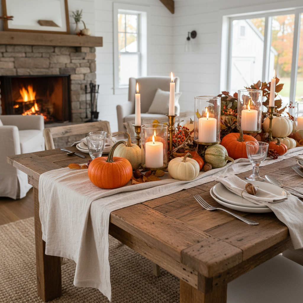Farmhouse Linen Table Runner seasonal holiday setting