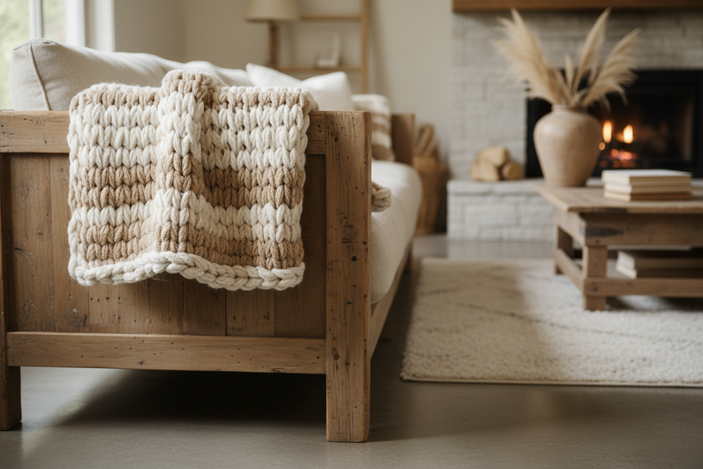 Farmhouse Knit Throw Blanket draped over sofa