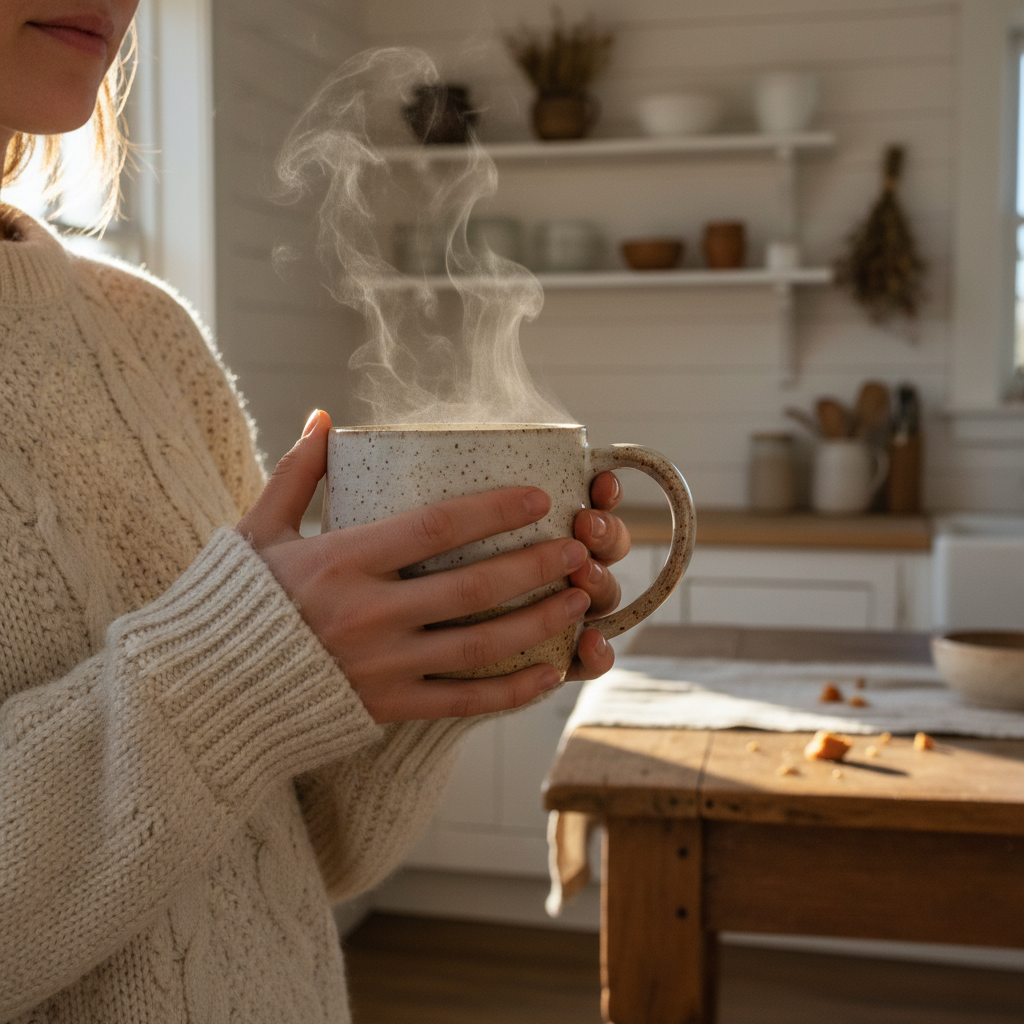 Farmhouse speckled ceramic coffee mug being held in cozy sweater
