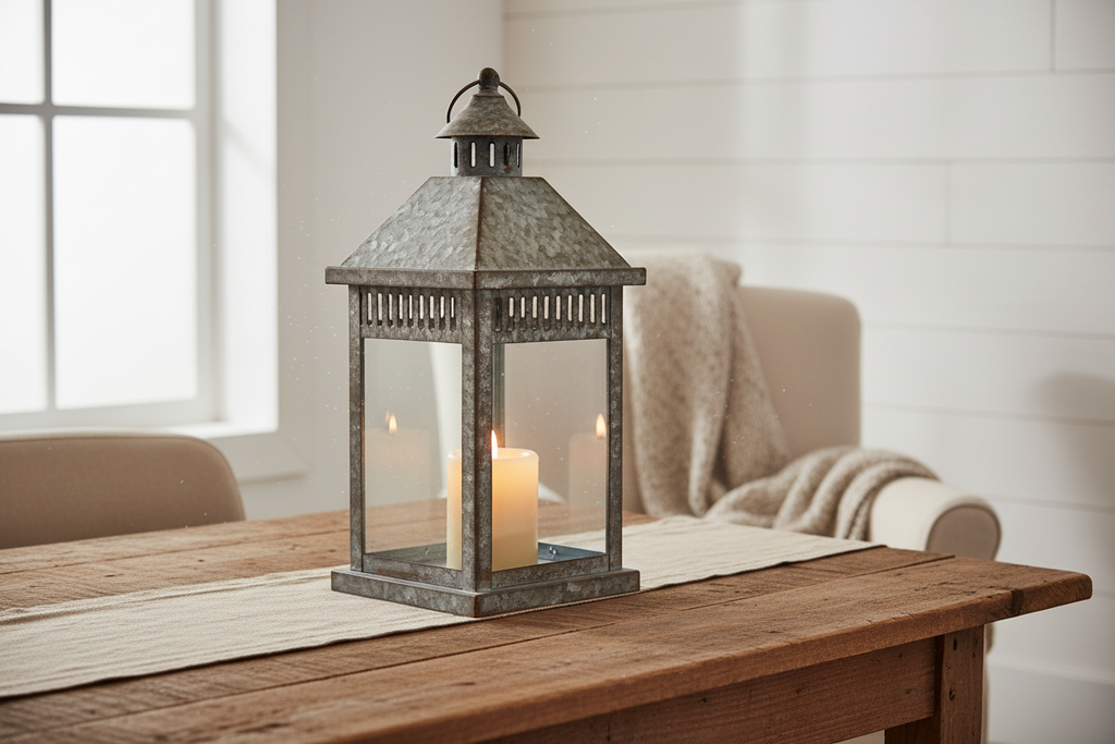 Galvanized Metal Lantern with candle