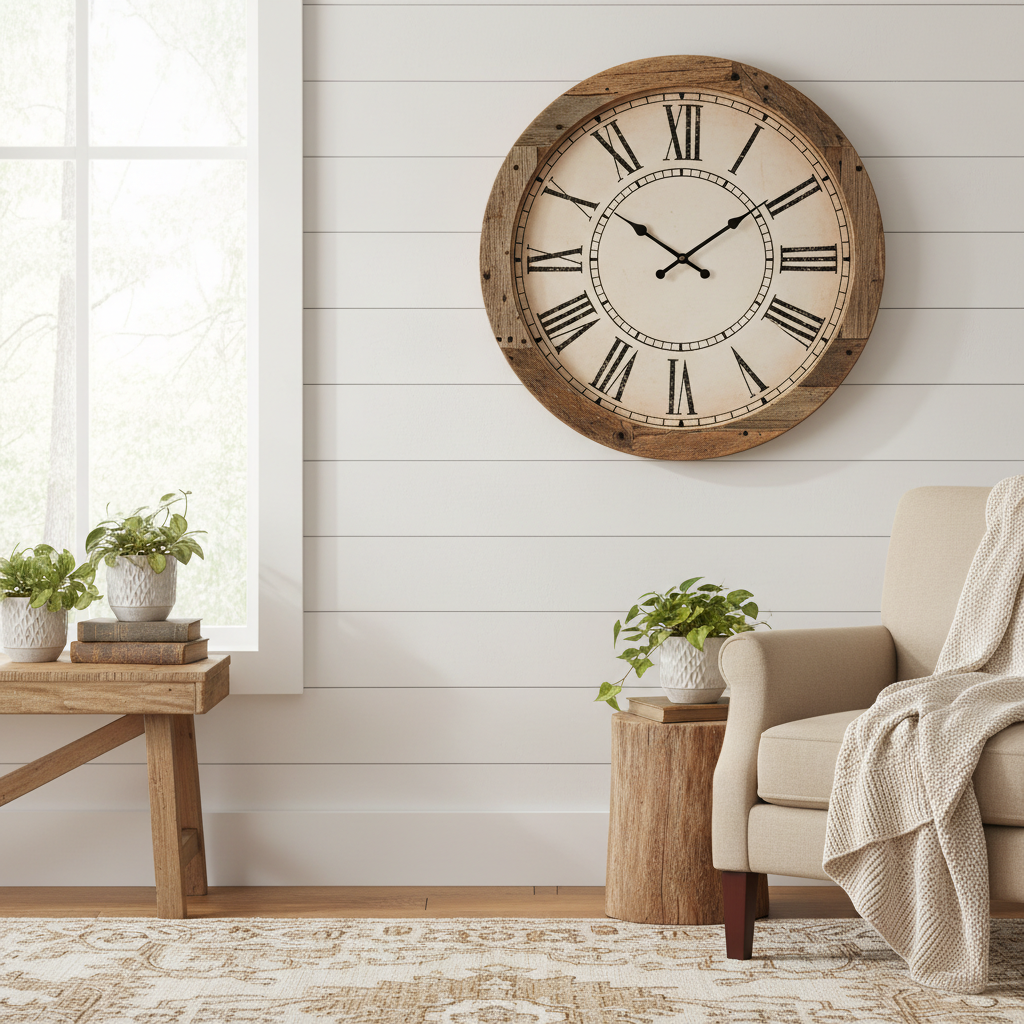 Farmhouse Rustic Wood Frame Wall Clock on shiplap wall